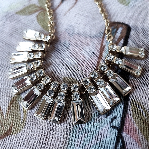 Crystal Clear Fat Baguette Mirror Finish Rhinestone Gold Tone Hardware Necklace - Picture 1 of 10